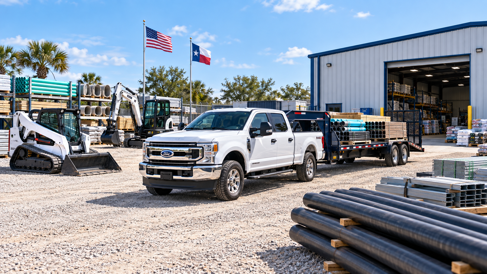 Commercial materials, equipment, and delivery vehicles ready for a project