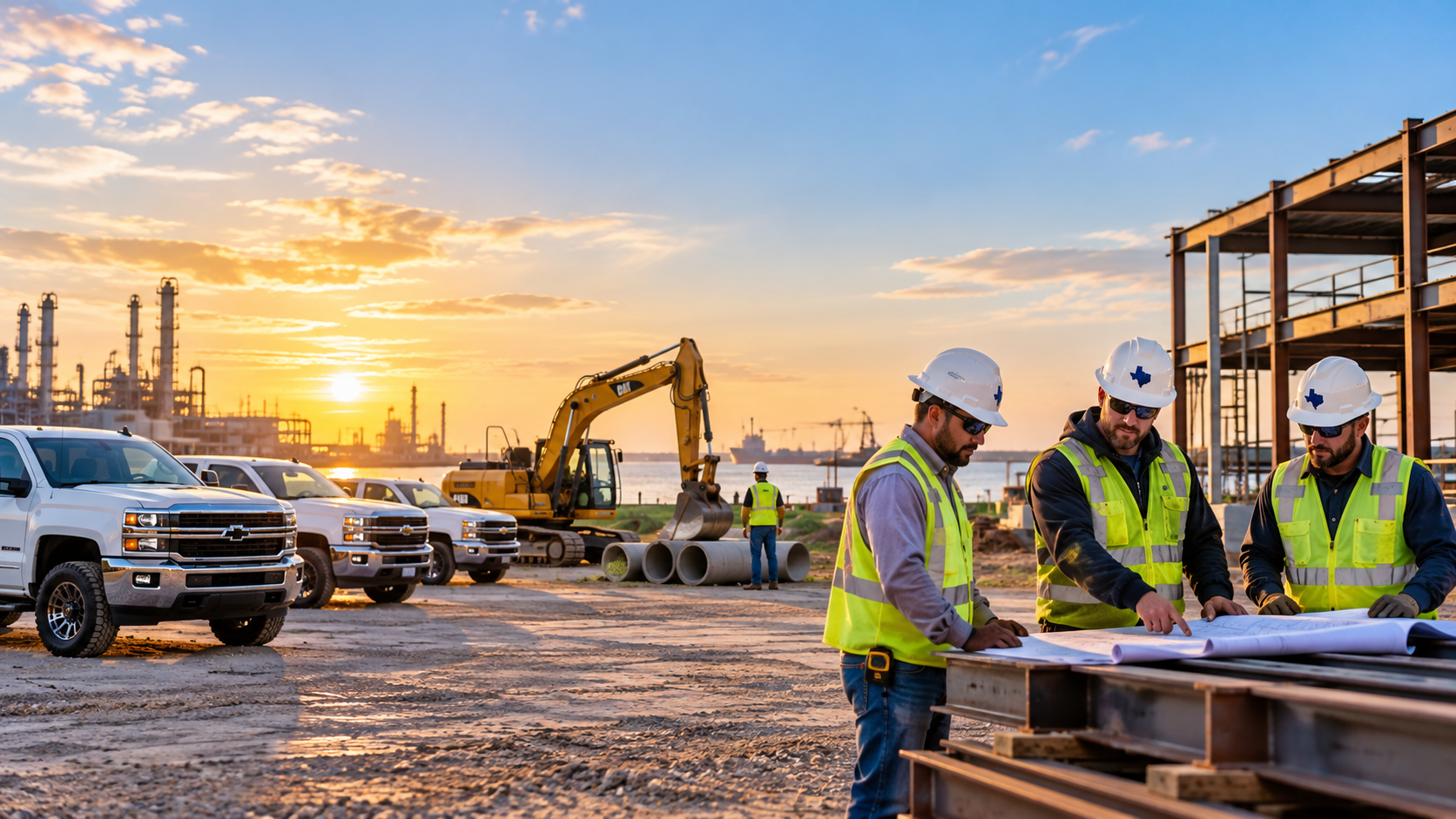 Construction team reviewing project plans at a Southeast Texas job site